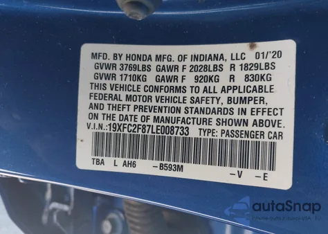 2020 Honda Civic Sport from USA, damaged, VIN 19XFC2F87LE008733